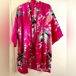 Pink Multi Colored Peacock Satin Robe Kimono One Size Art To Wear